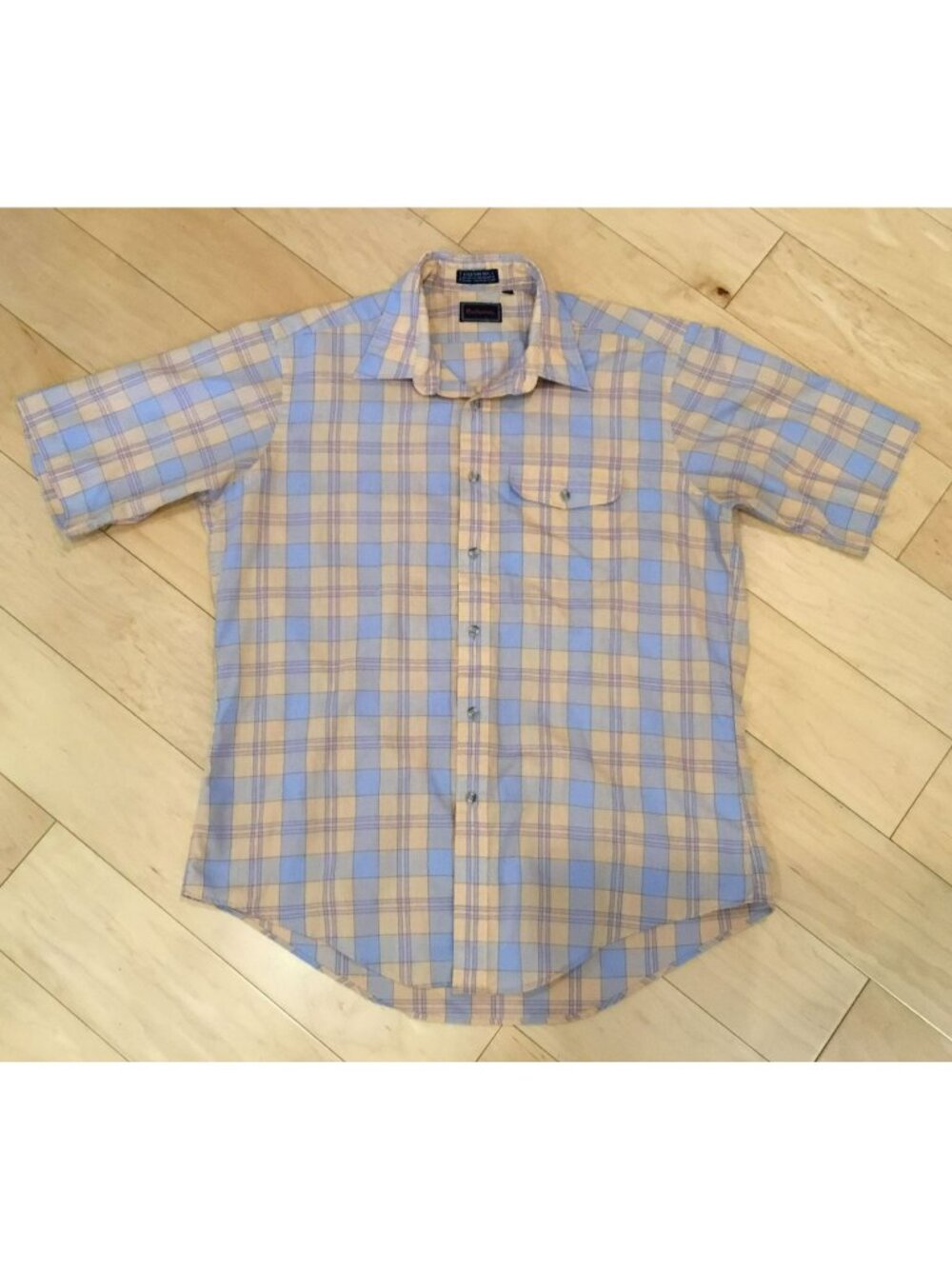 Hathaway Mens Large Short Sleeve Plaid Shirt Yellow & Blue Cotton/Polyester Blen